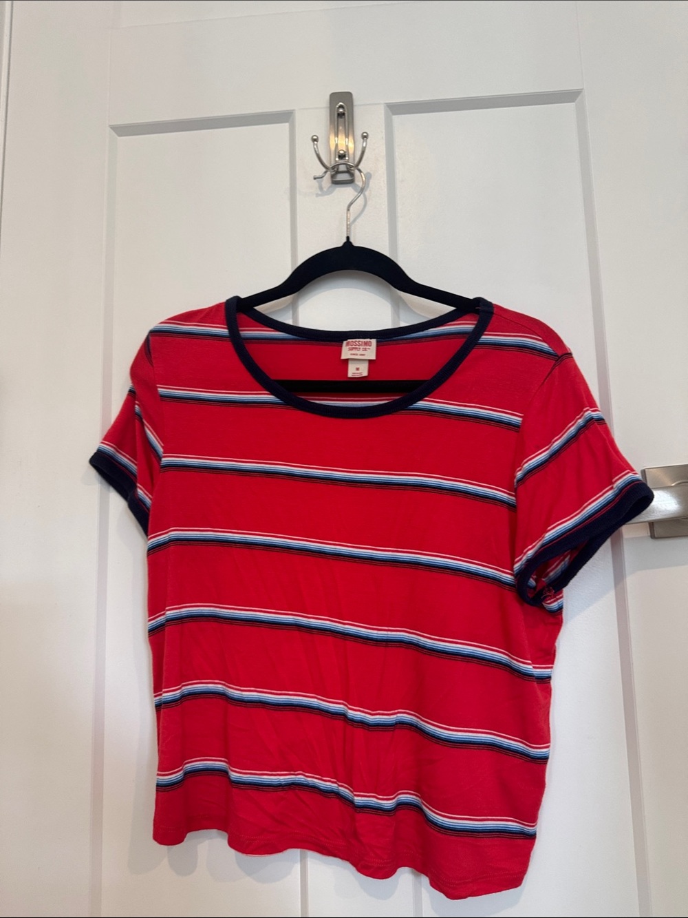 Women's Mossimo Supply Co. Red Short Sleeve Tee with Navy Trim and Multi Stripes